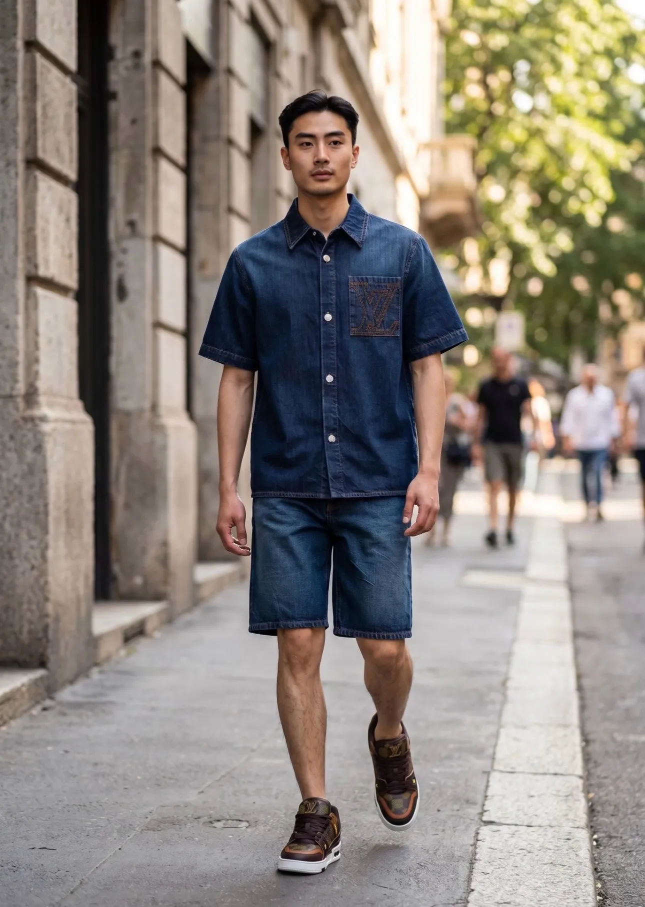Louis Vuitton/Louis Vuitton pocket logo embroidered short-sleeved denim shirt
